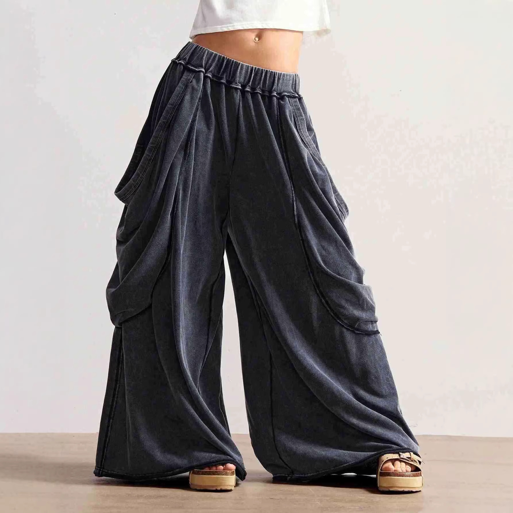 Women's Flowy Wide-Leg Dance Pants Low-Rise Gothic Harem