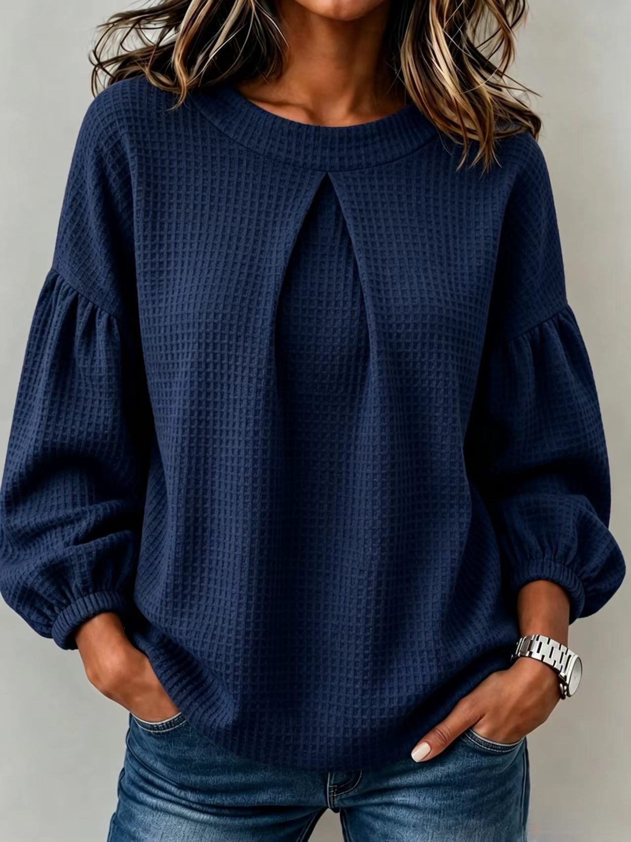 Women's Colorblock Lantern Sleeve Crewneck Loose Solid Long Sleeve Top Sweatshirt