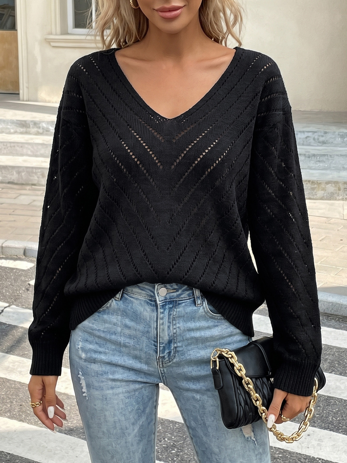 V-Neck Openwork Knit Sweater Women's Loose Long Sleeve Pullover