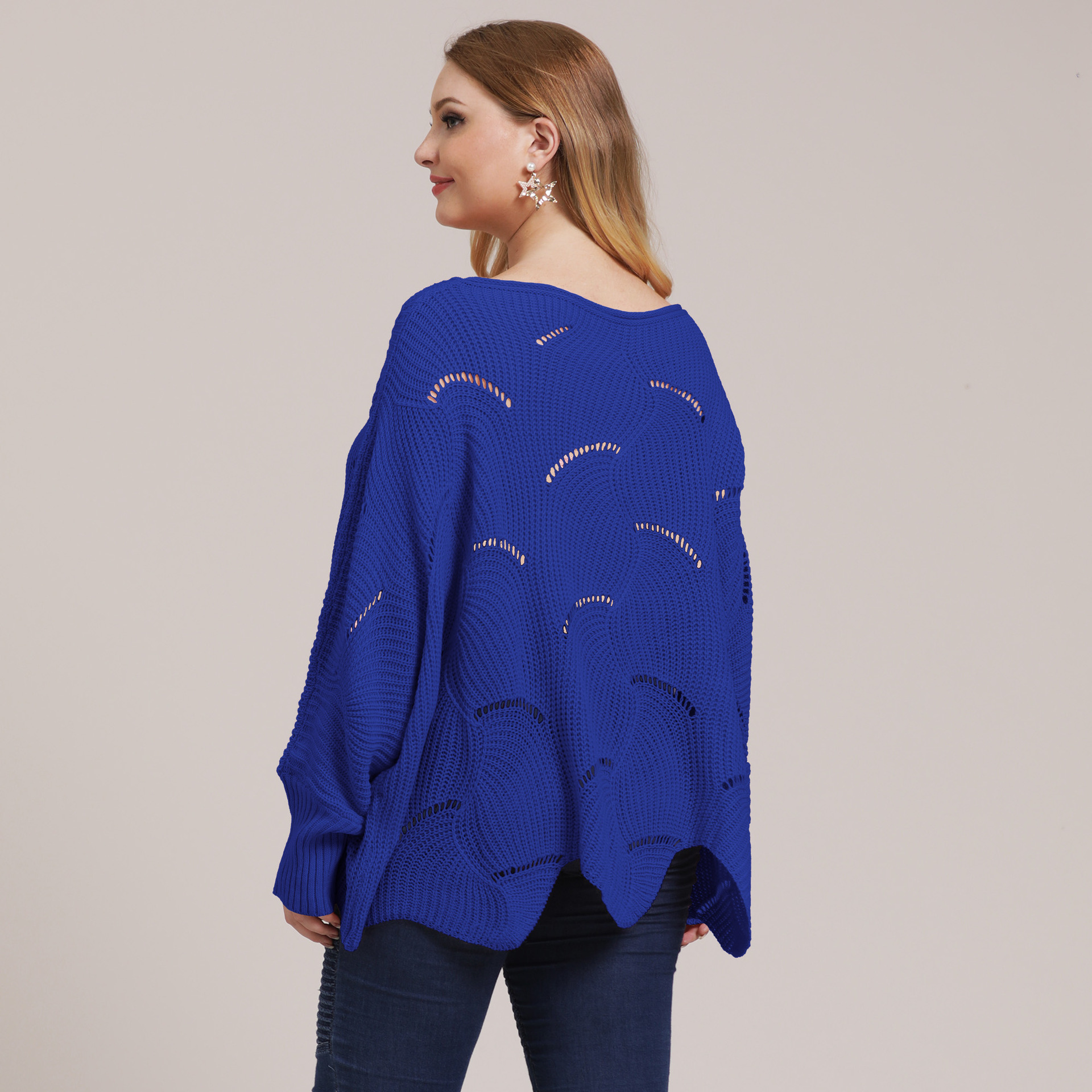 Plus Size Women's Irregular Batwing Sleeve Hollow Out Knit Sweater