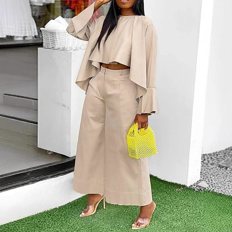 Elegant Asymmetric Long Sleeve Shirt and Straight Leg Pants Two-Piece Set