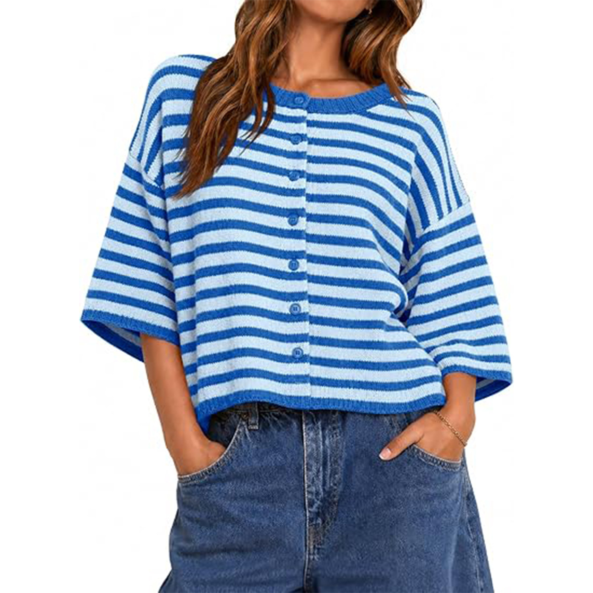 Color-Block Striped Bell-Sleeve Button Cardigan Sweater