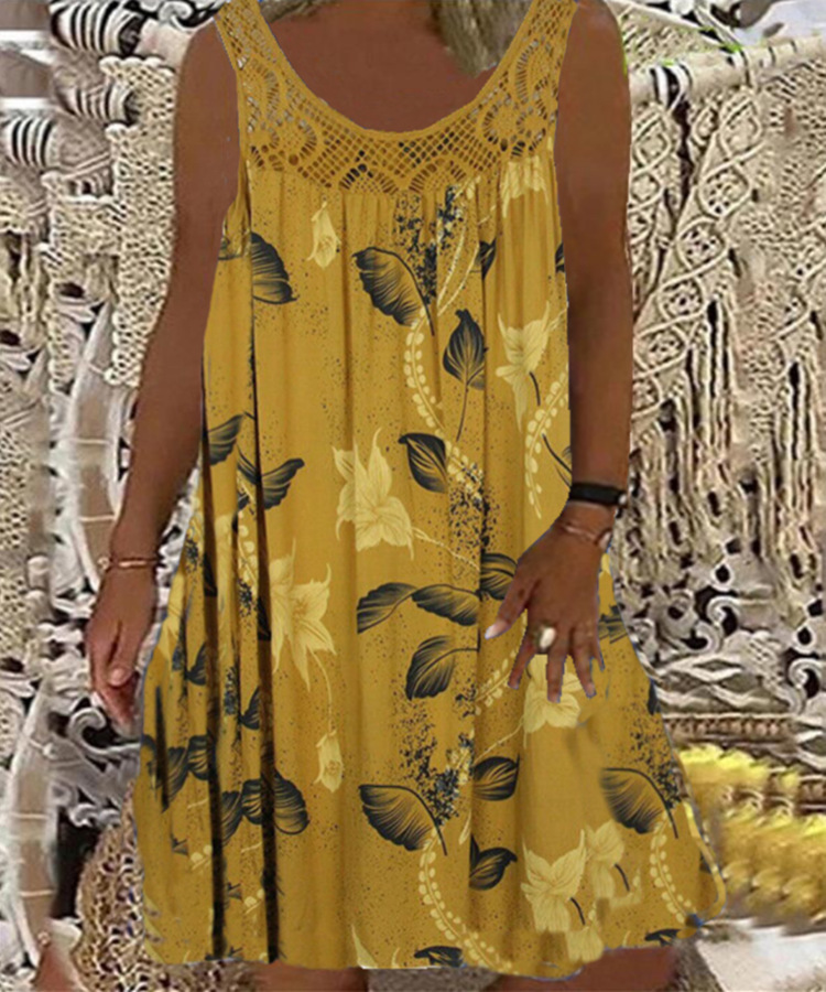 Women's Vintage Floral Butterfly Midi Dress Sleeveless Round Neck Slim Fit