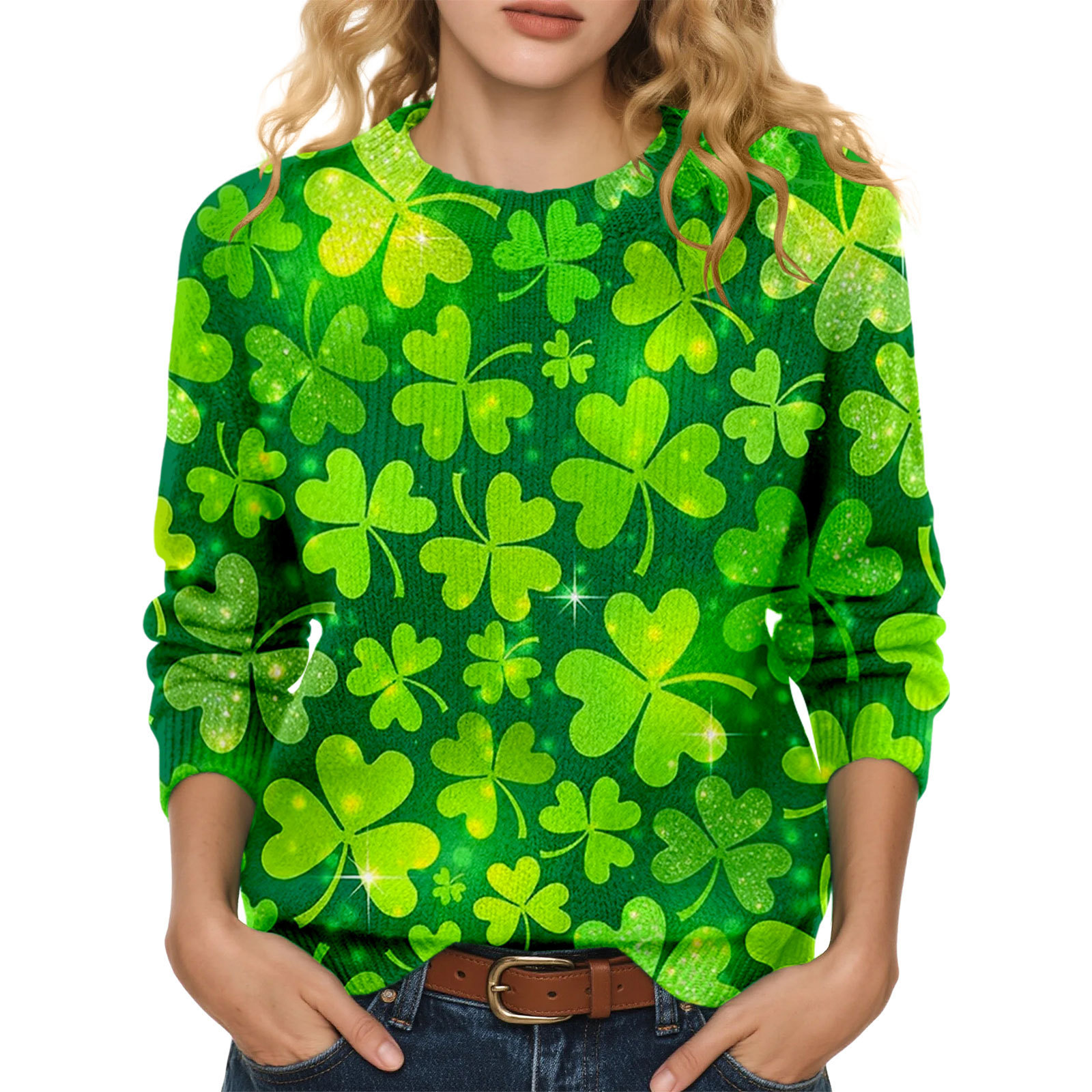 Lucky Clover Print Crewneck Sweatshirt for Women Casual Pullover