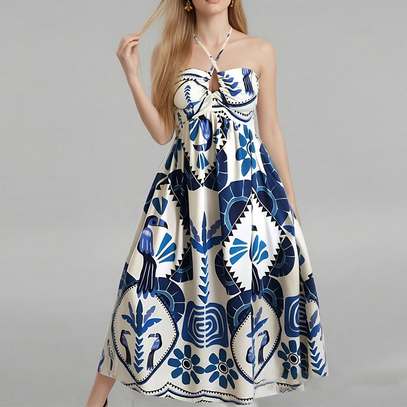 Women's Halter Neck Printed High Waist Midi Dress