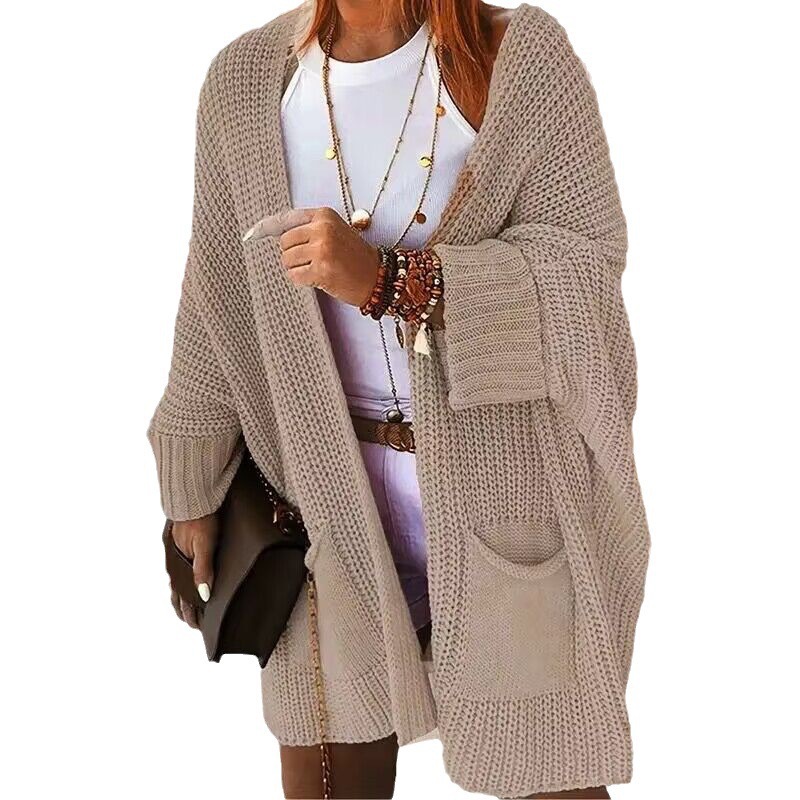 Women's Hooded Open-Front Knit Cardigan, Loose Mid-Length, Acrylic Blend