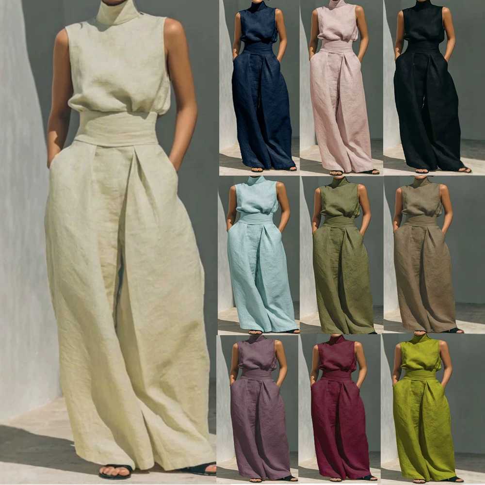 Women's Cotton-Linen Sleeveless Top and Pants Casual Set