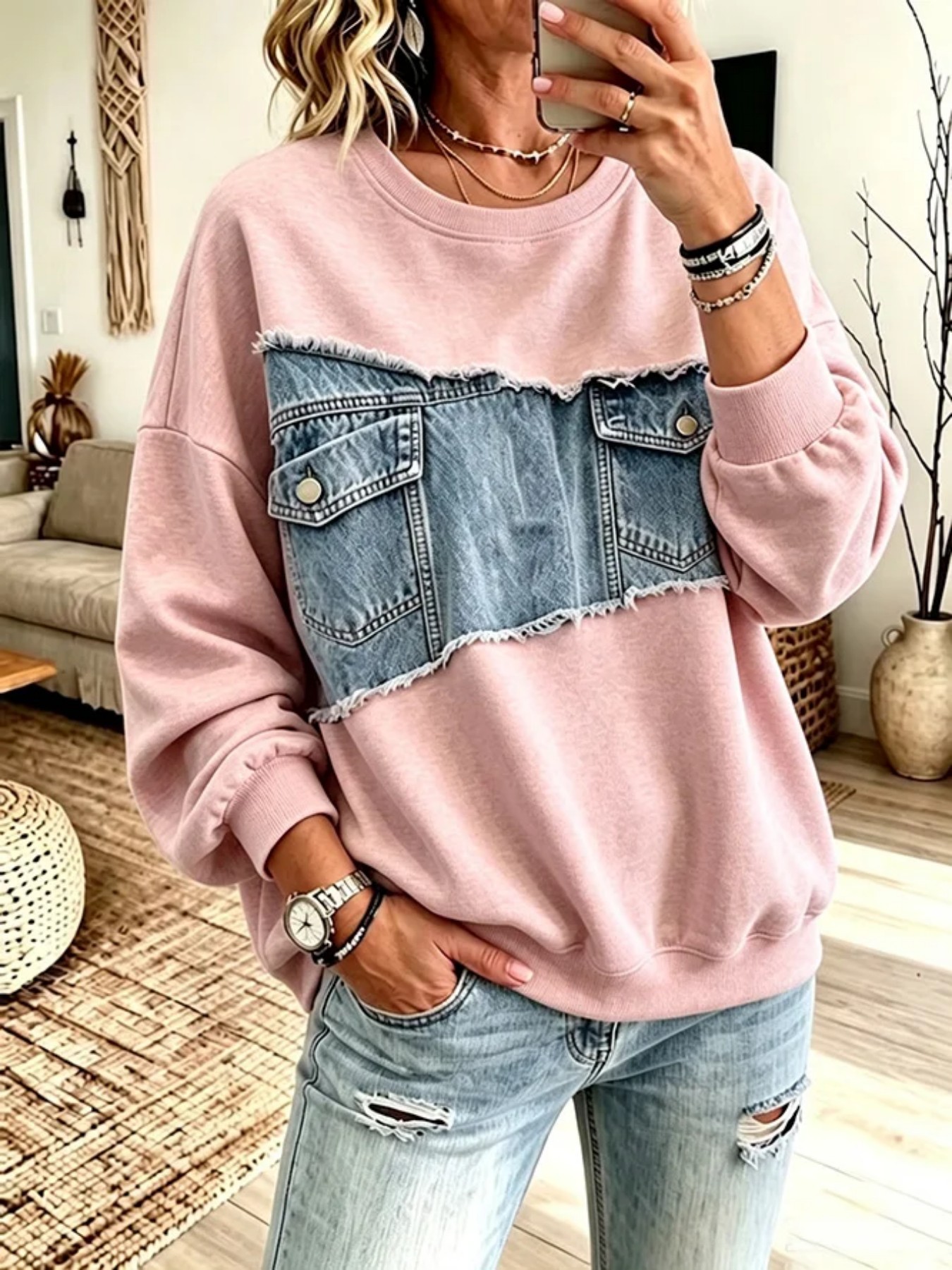 Patch Pocket Print Crewneck Long Sleeve Pullover Sweatshirt