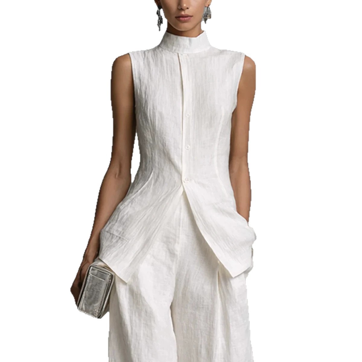 Women's Sleeveless Blouse and Pants Set Solid Color Drapey Two-Piece Outfit