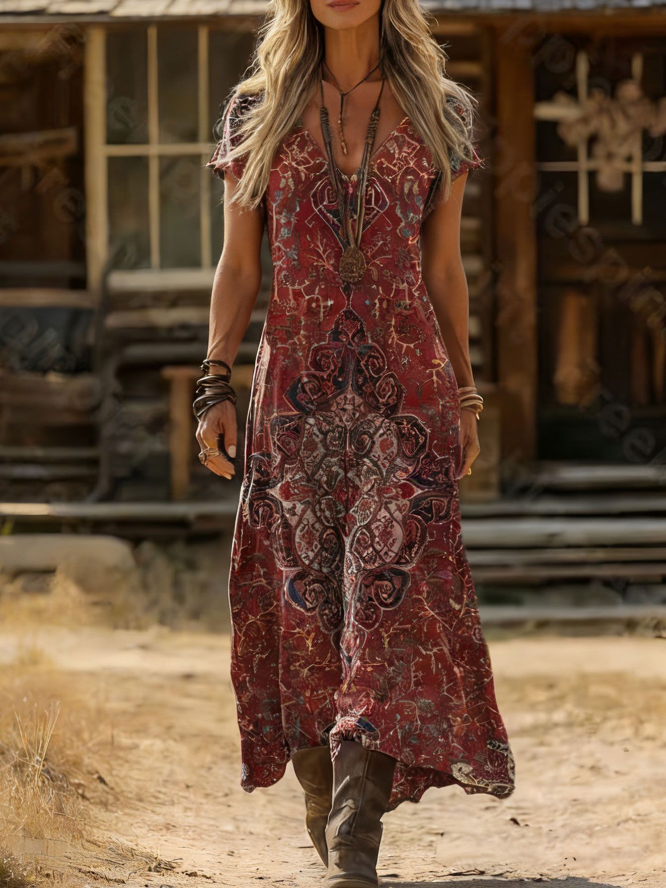 Boho Print V-Neck Short Sleeve A-Line Midi Dress