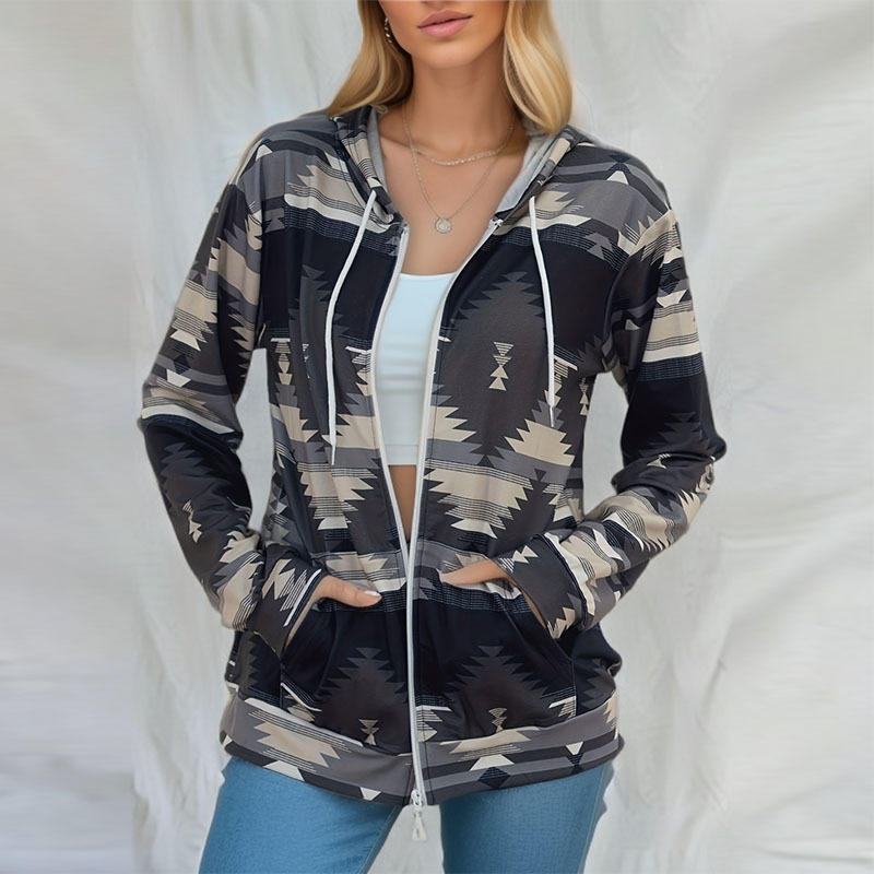 Colorblock Print Hooded Zip Jacket Loose Fit Long Sleeve