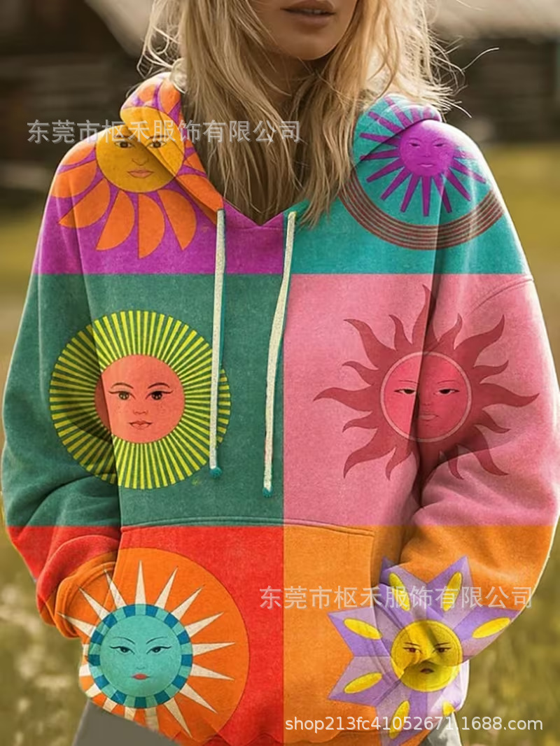 Women's Colorful Oil Painting Sun Print Casual Hoodie