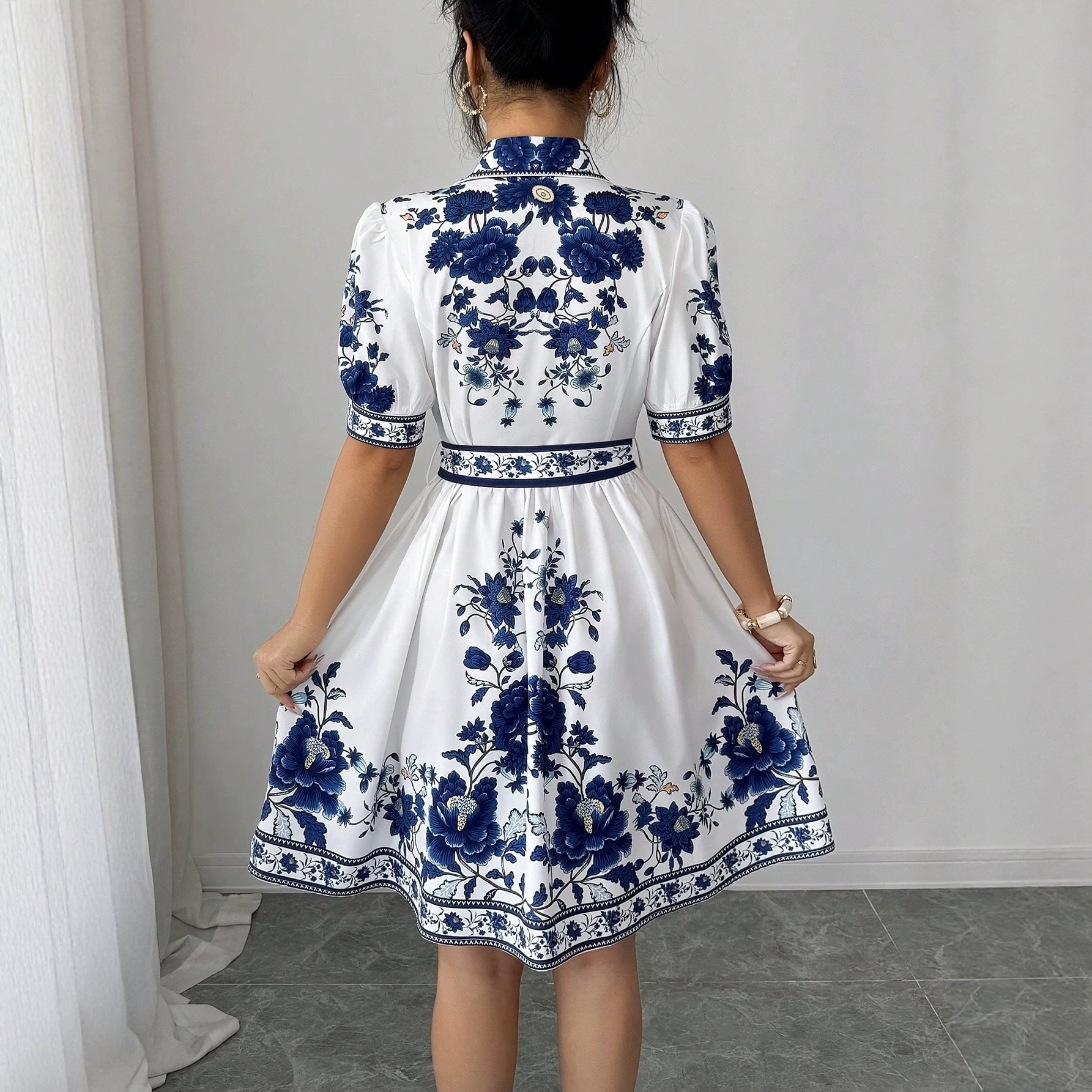Floral Bubble Sleeve A-Line Mini Dress with Belt