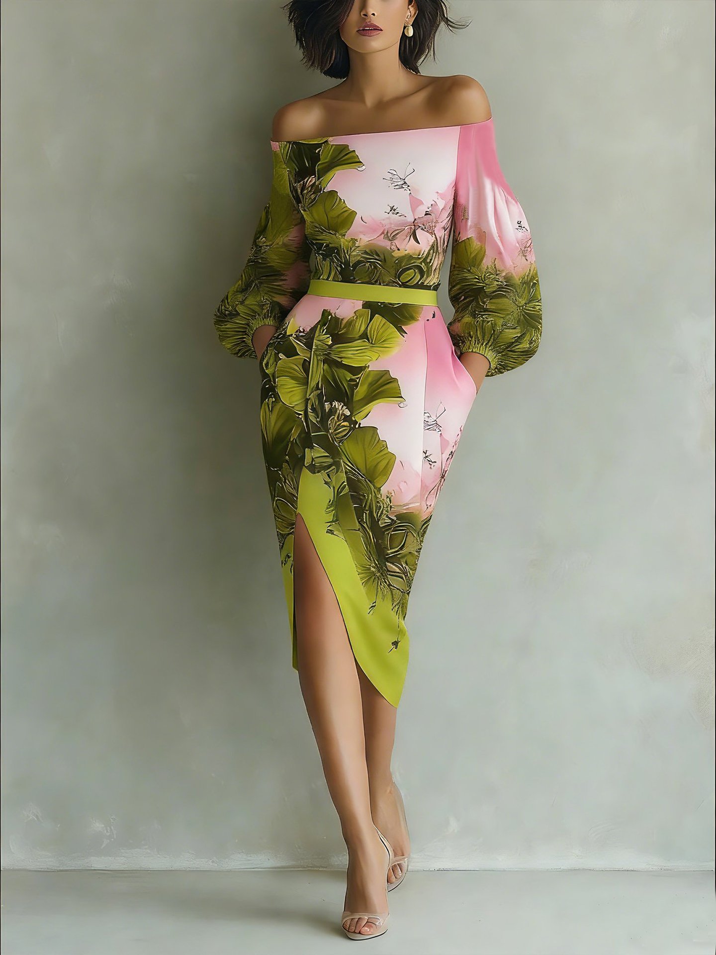 Off-Shoulder Floral Print Midi Dress with Puff Sleeves and Slit
