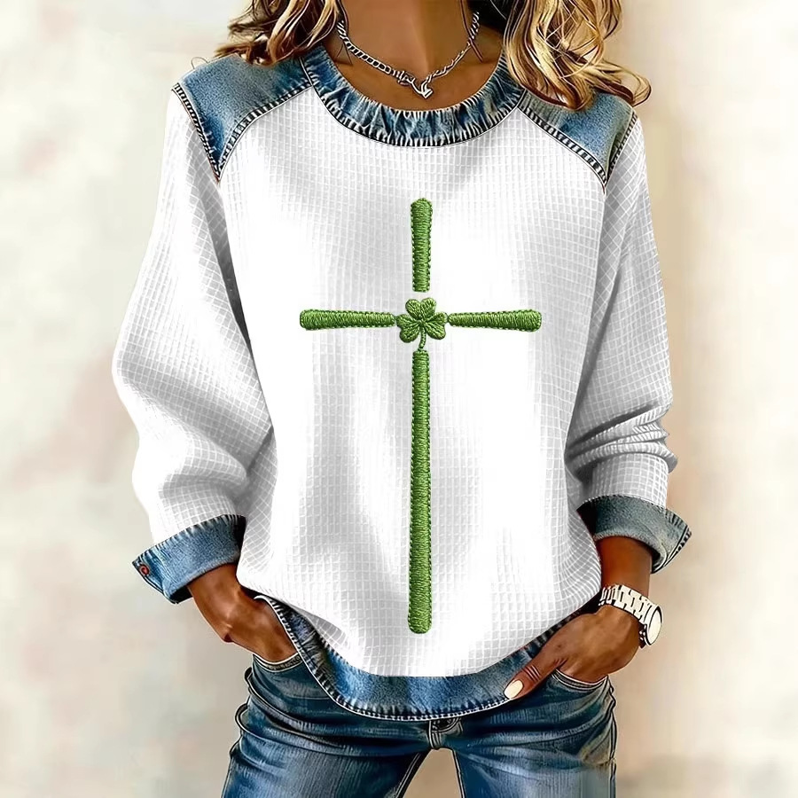 Women's Clover Print Waffle Knit Crewneck Sweatshirt
