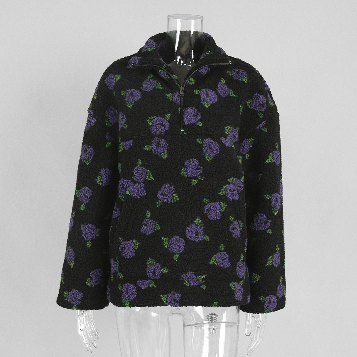 Fleece Floral Pullover Sweatshirt Warm Fuzzy Turtleneck Loose Fit