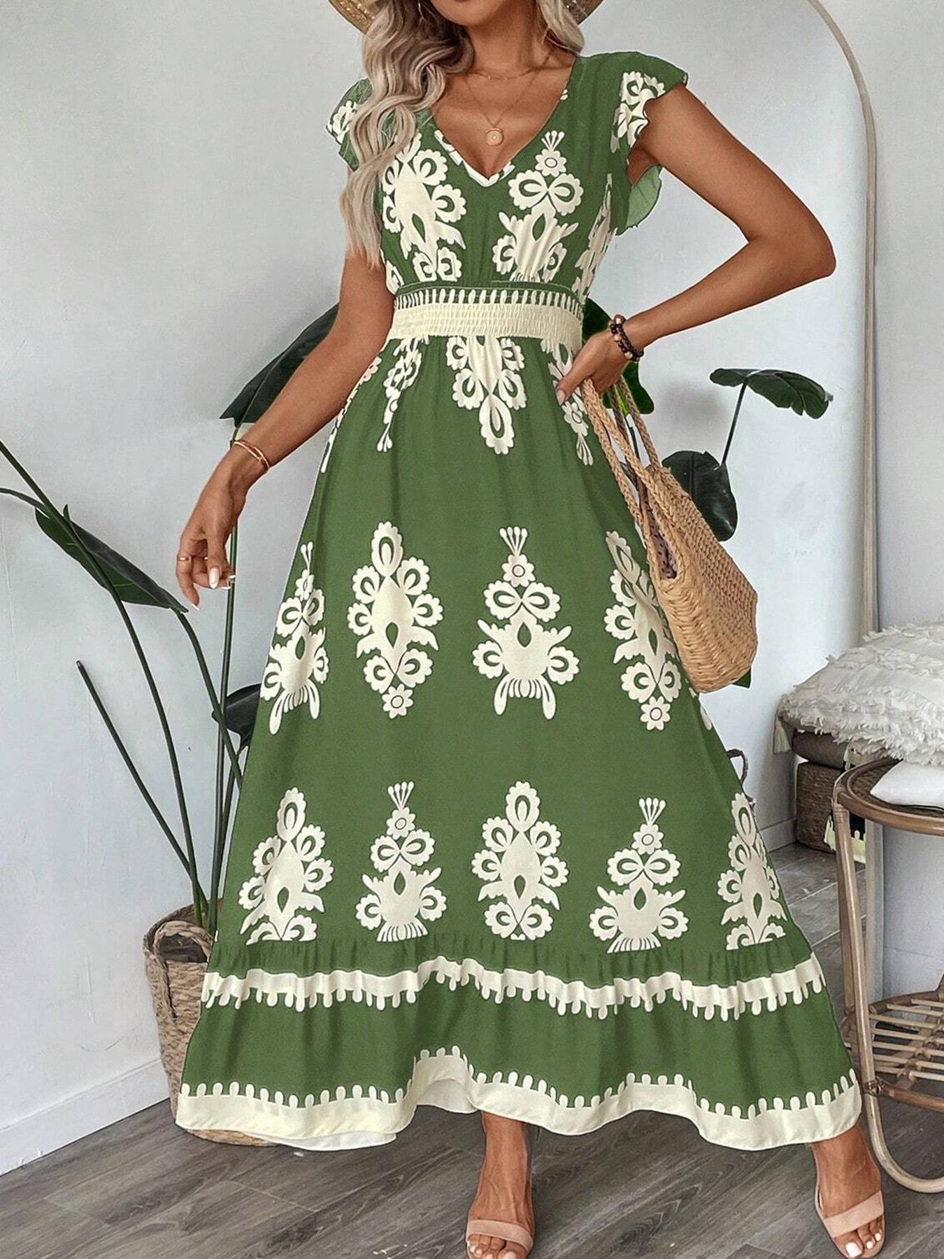 Women's Floral Print V-Neck Midi Dress with Waist Tie