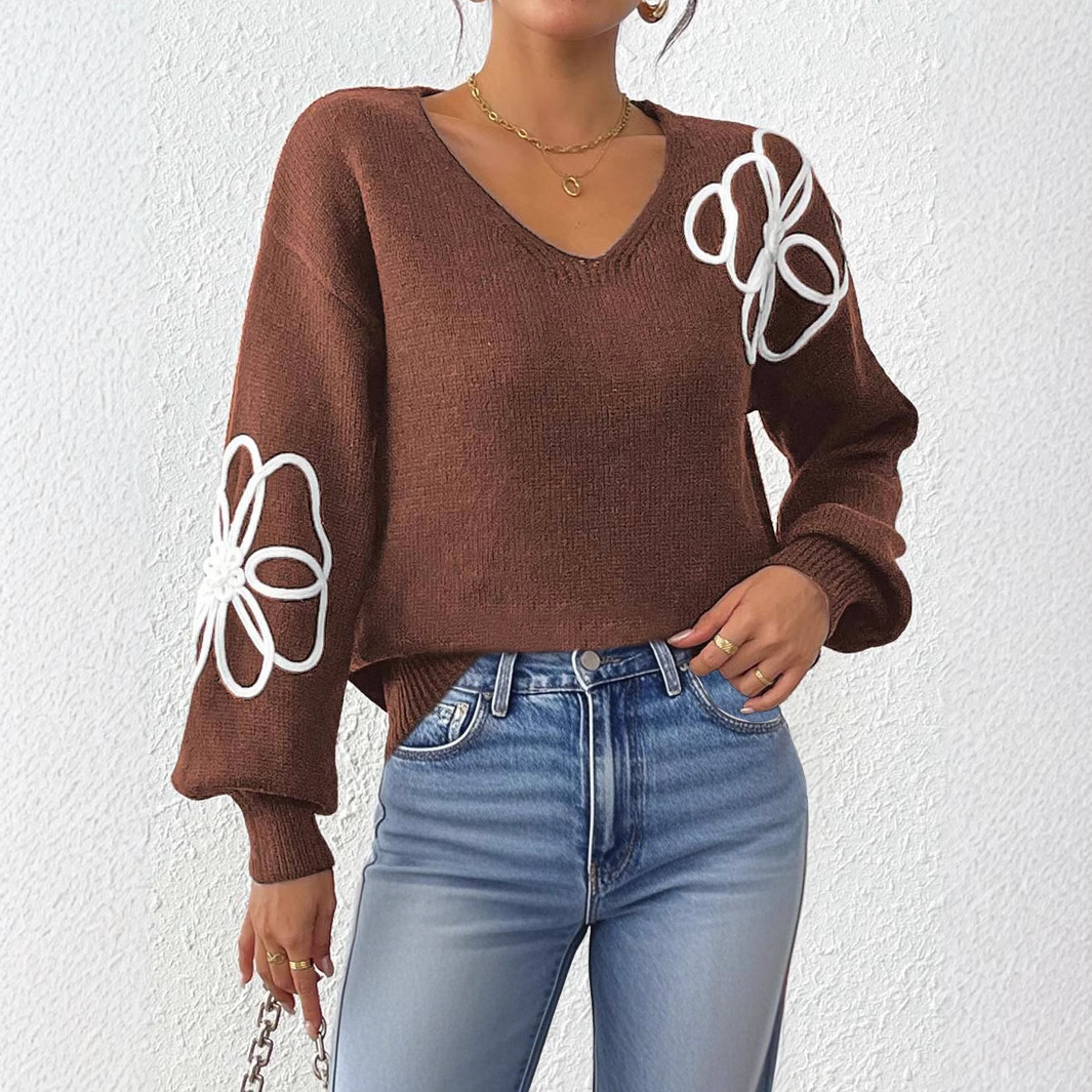 Floral Ribbon Embroidered V-Neck Pullover Sweater