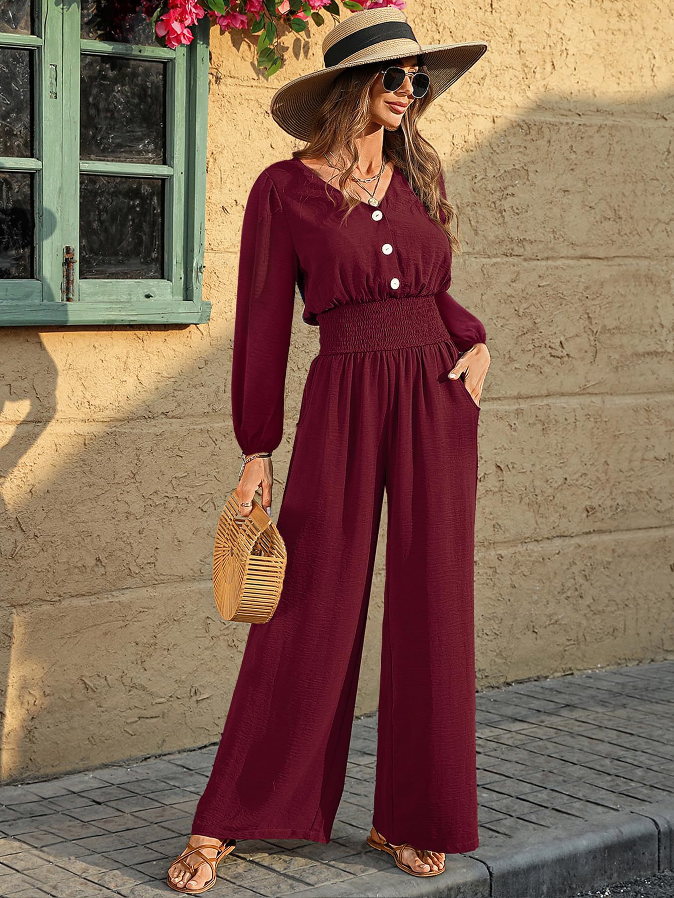 Women's Elegant Wide-Leg Jumpsuit with V-Neck and Buttons