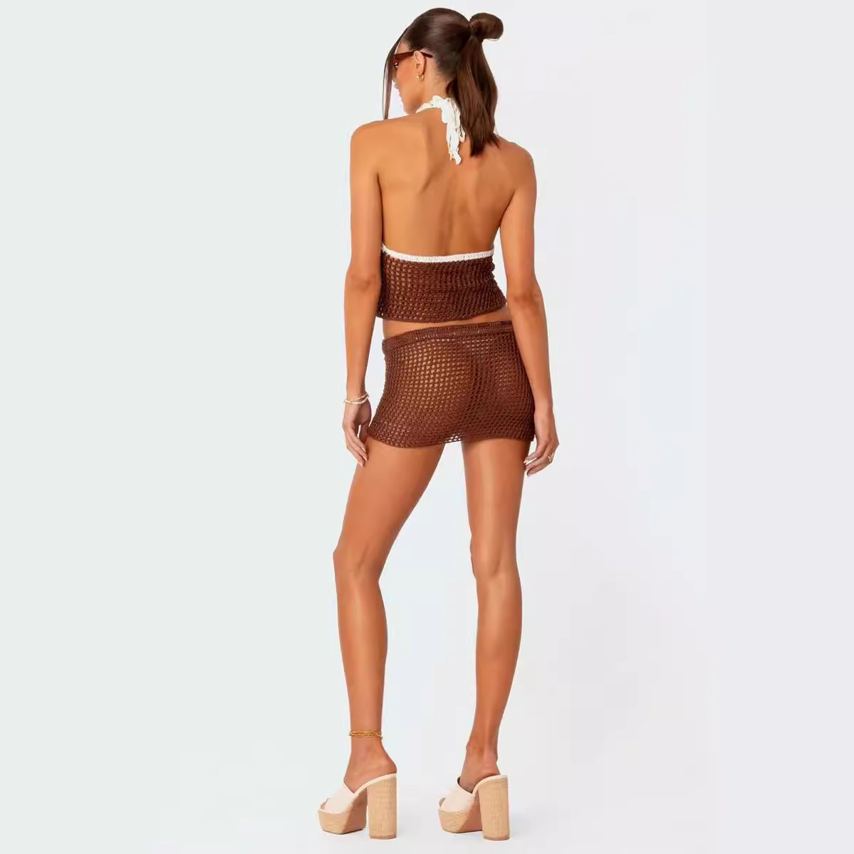 Women's Knit V-Neck Open-Back Halter Cami & Sheer Mini Skirt Sexy Two-Piece Set