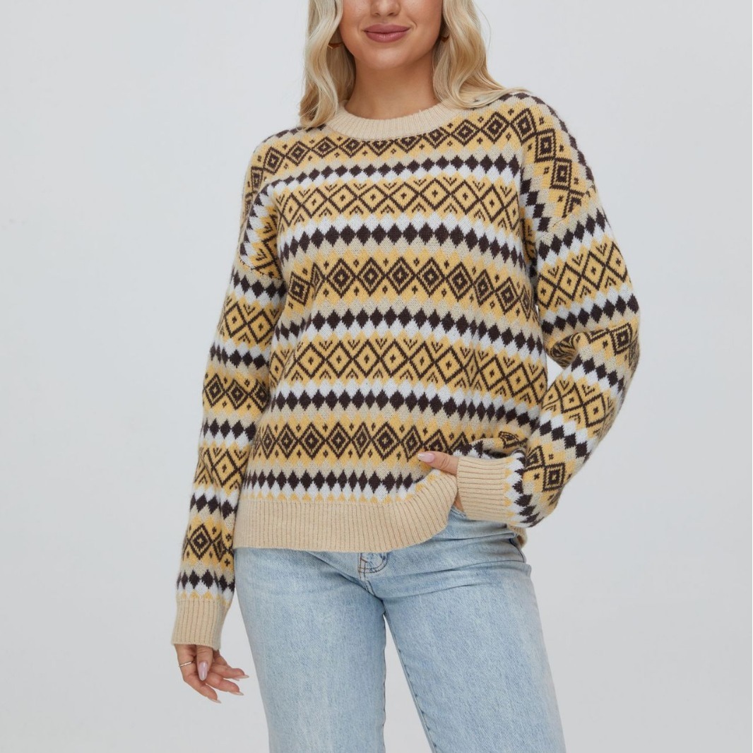 Retro Diamond Argyle Knit Jacquard Plaid Sweater Women's Long Sleeve Pullover