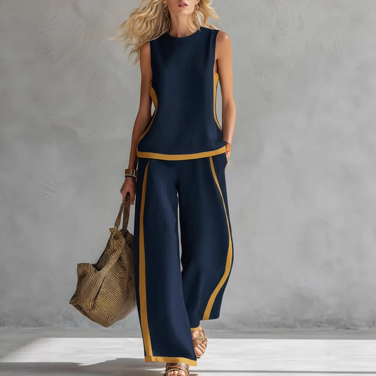 Women's Sleeveless Colorblock Wide-Leg Pant Set Casual Two-Piece