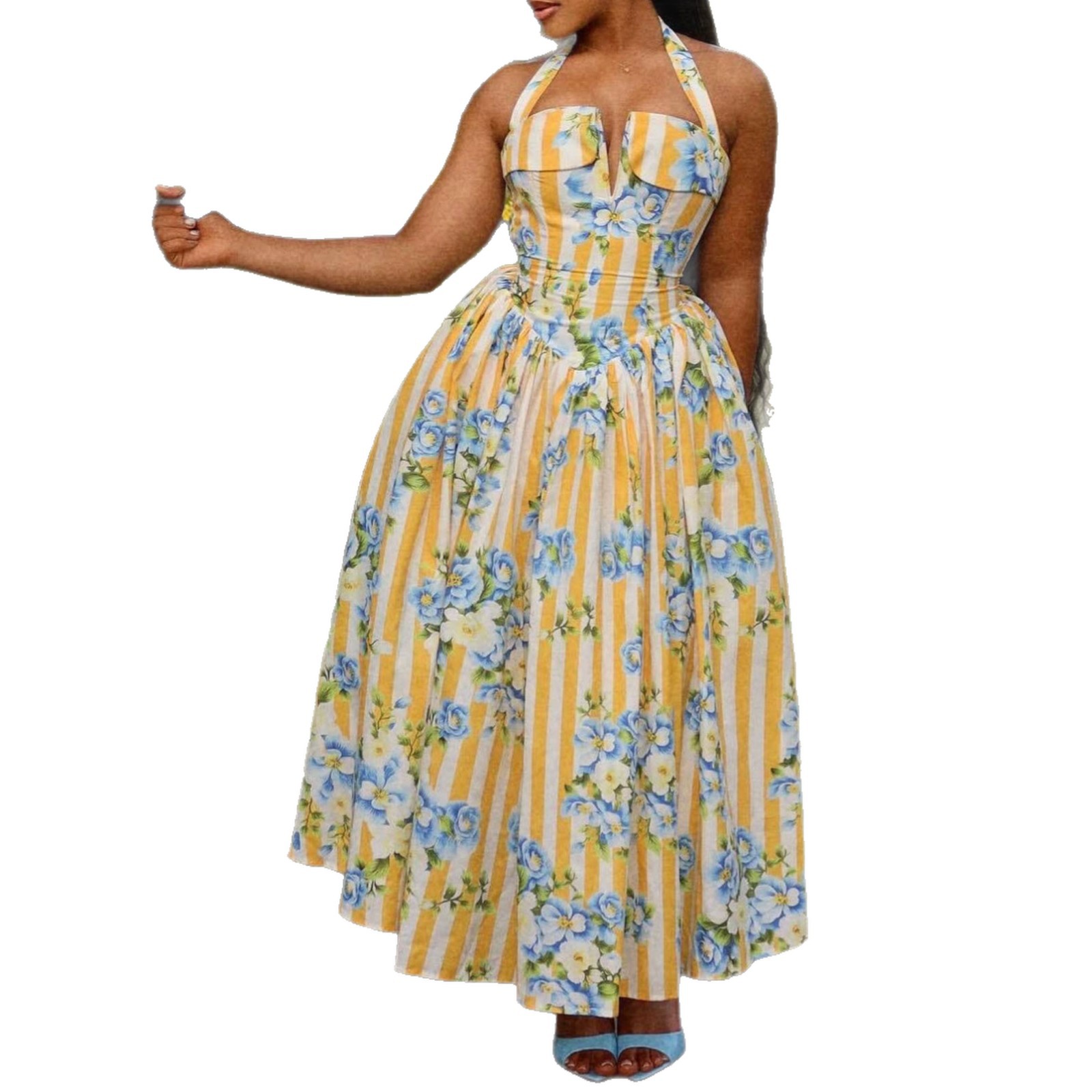 Women's Halter Neck Printed Pleated A-Line Maxi Dress