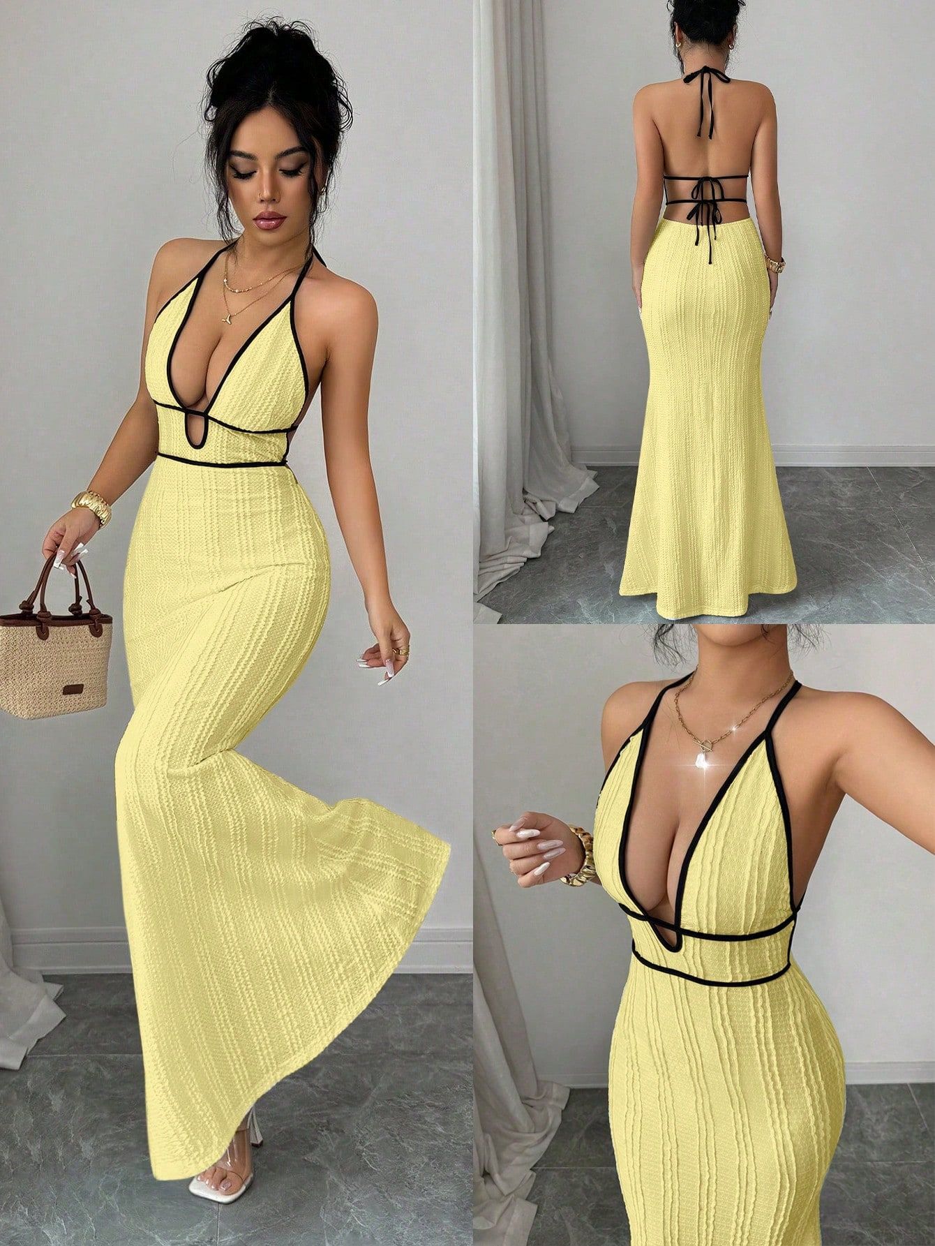 Color-Block Halter Open-Back Maxi Dress with Deep V Cutout and Lace-Up Mermaid Silhouette