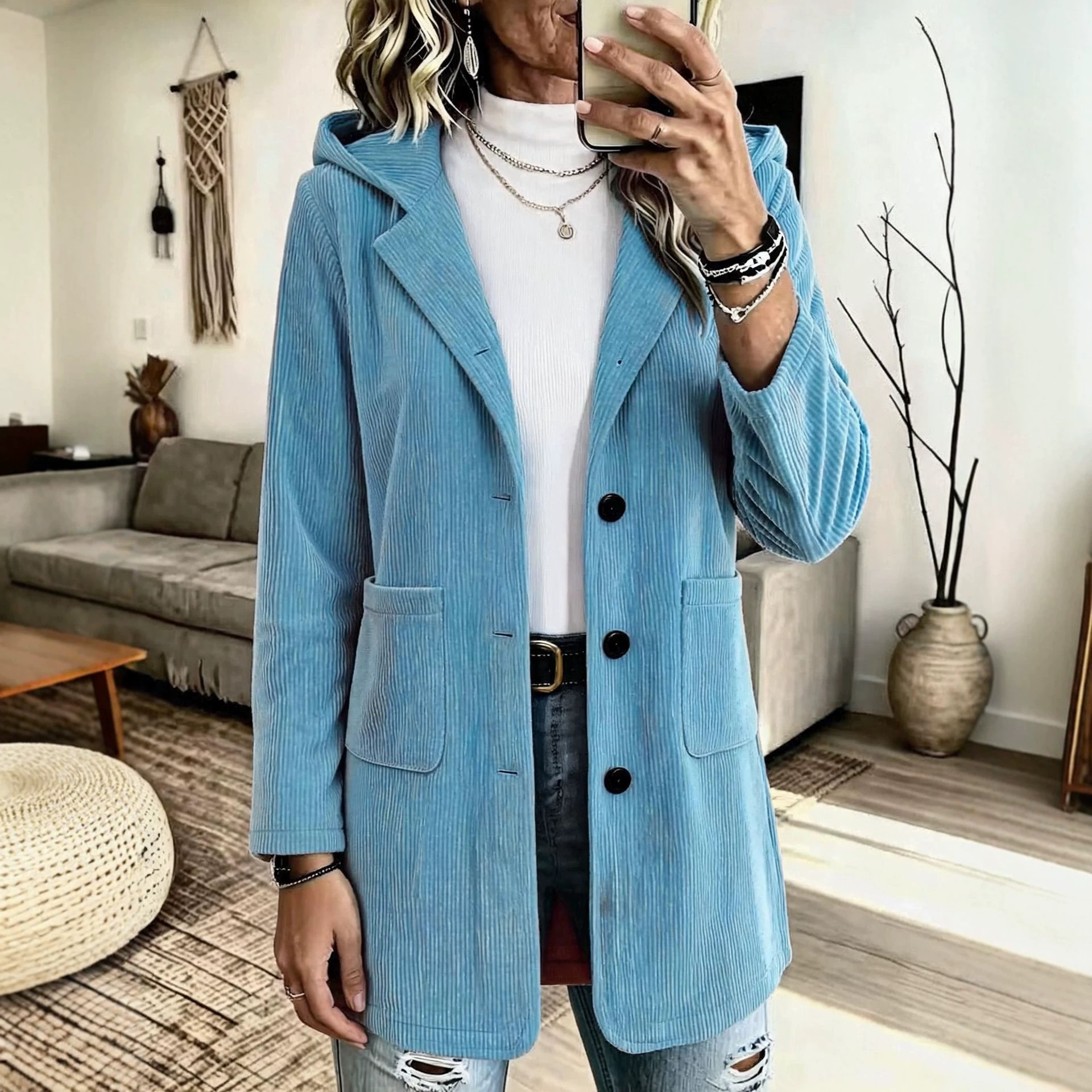 Women's Hooded Corduroy Mid-Length Loose Casual Jacket