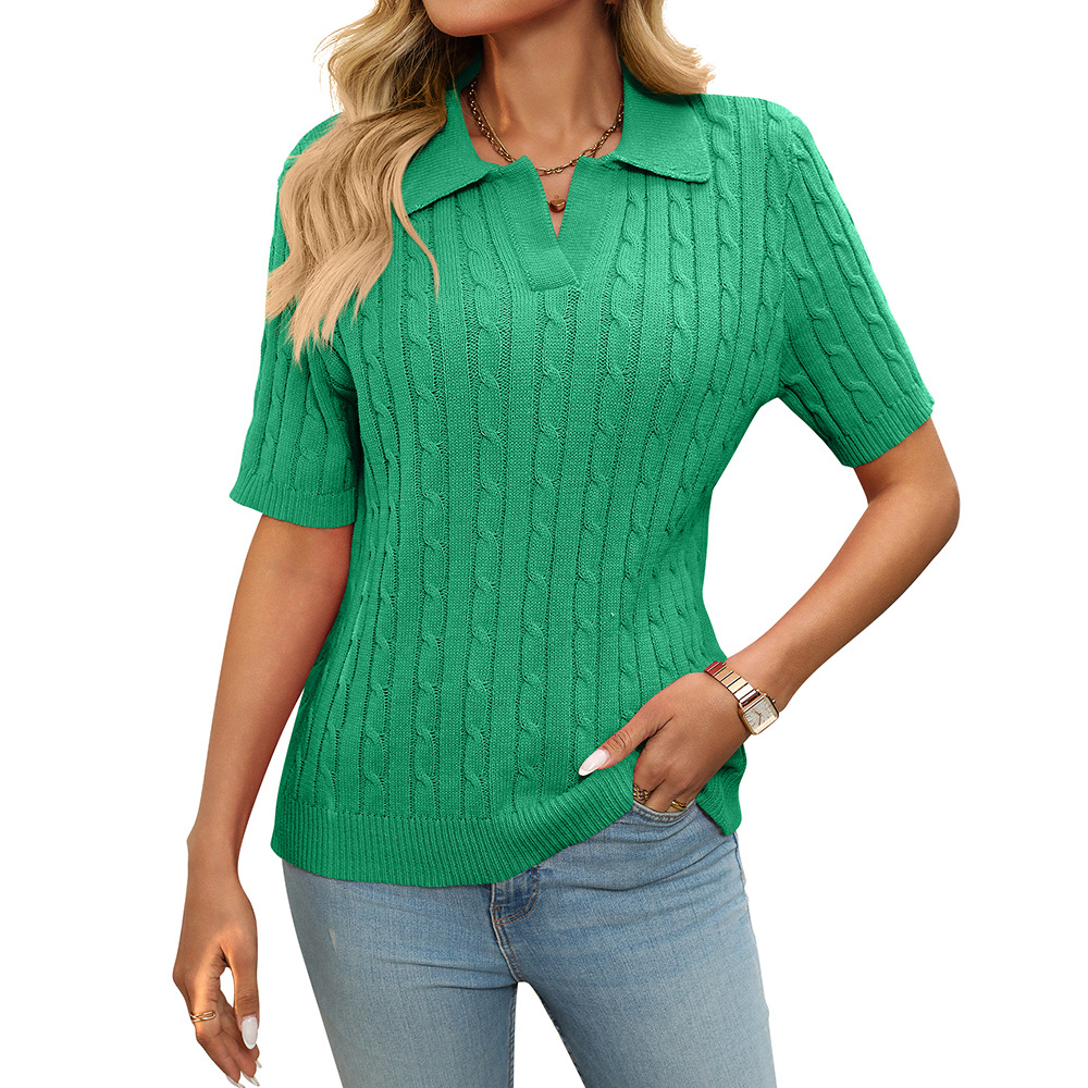 Women's Cable Knit V-Neck Polo Collar Short Sleeve Pullover Sweater