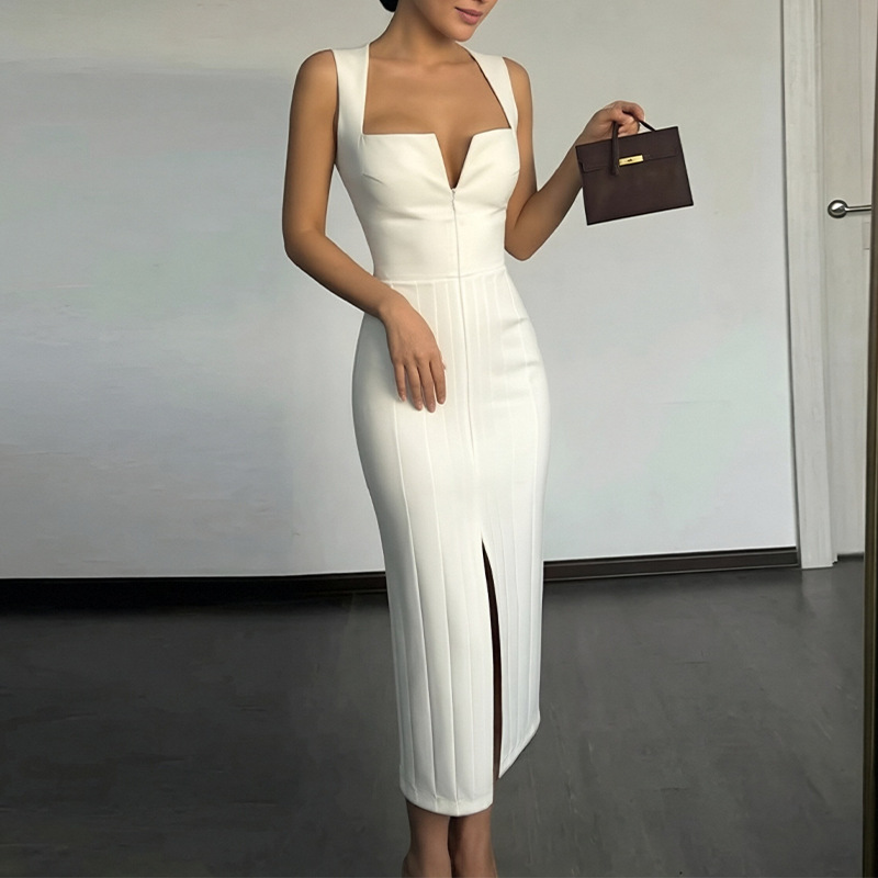 Elegant Solid Color Split Hem Bodycon Long Dress