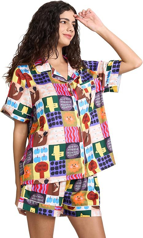 Women's Cuban Collar Satin Striped Print Short Sleeve Shirt Set