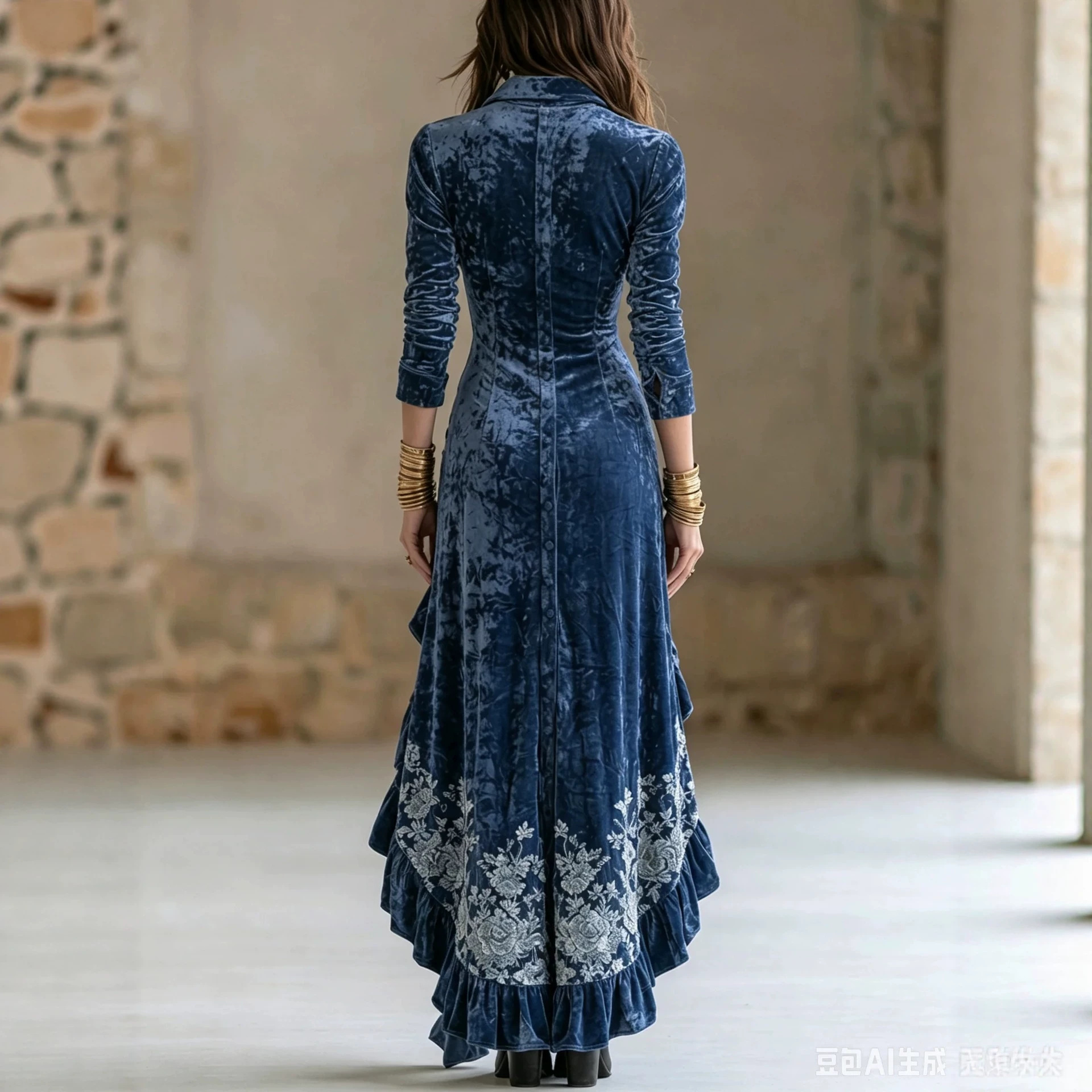 Retro Royal Blue Velvet Shirt Dress with Print, Ruffle Trim, and Slit