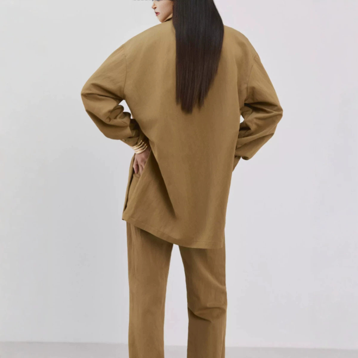 Women's Two-Piece Collared Shirt Set Long Sleeve Solid Color