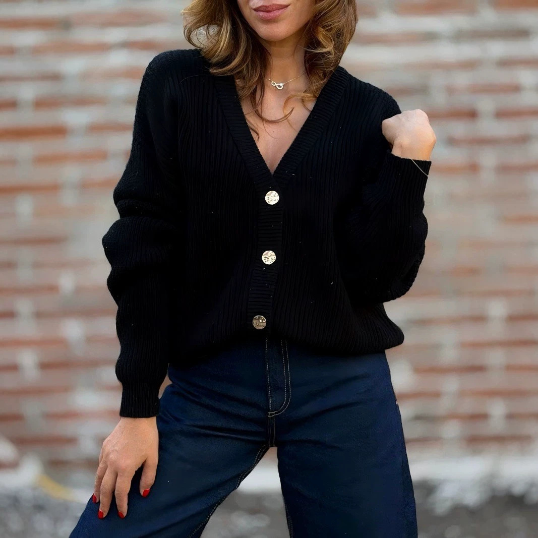 V-Neck Slimming Knit Cardigan Women's Long Sleeve Sweater Coat