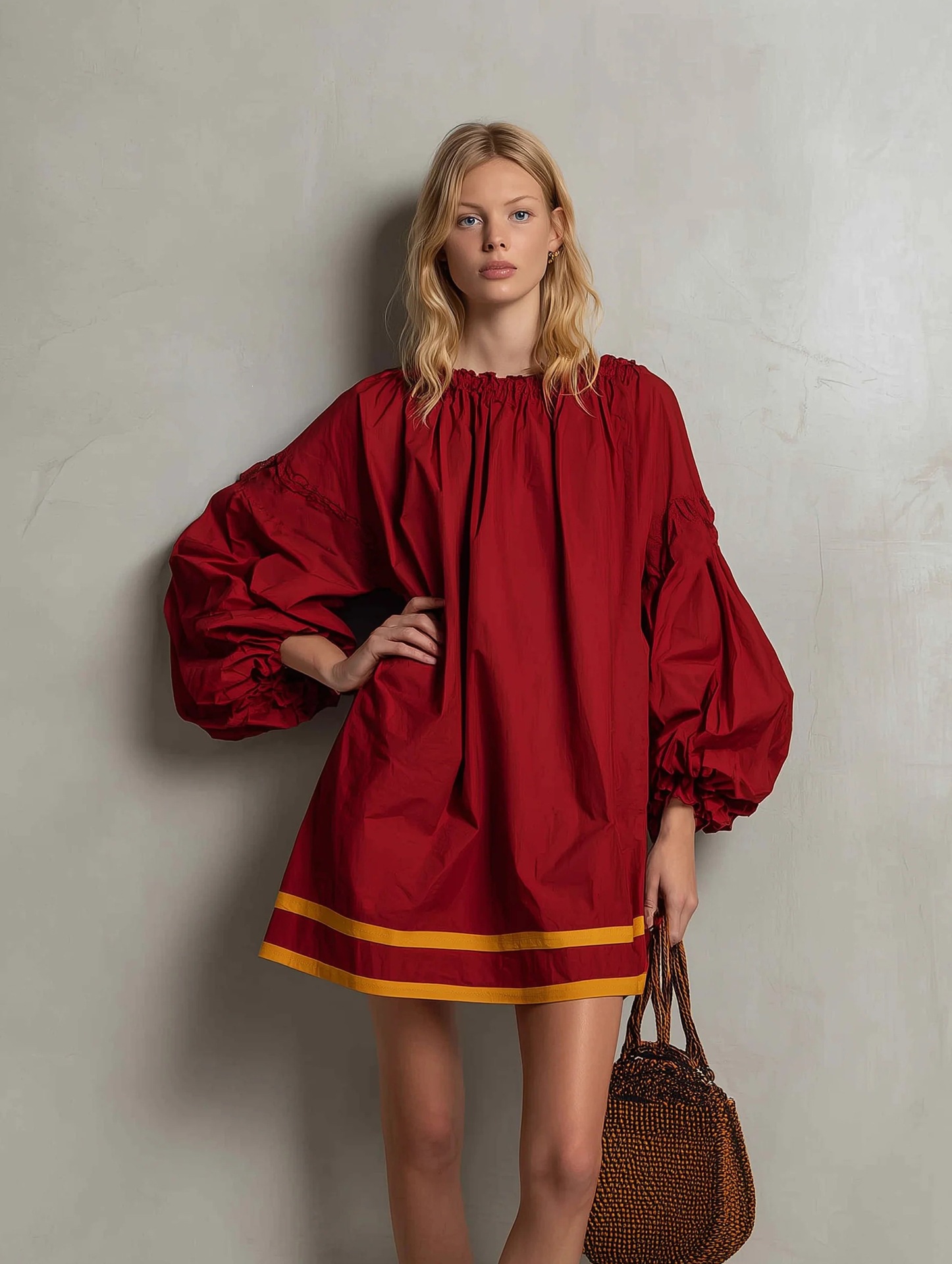 Women's Loose A-Line Dress with Round Neck, Puff Sleeves, Colorblock Patchwork, Short Babydoll Vacation Style