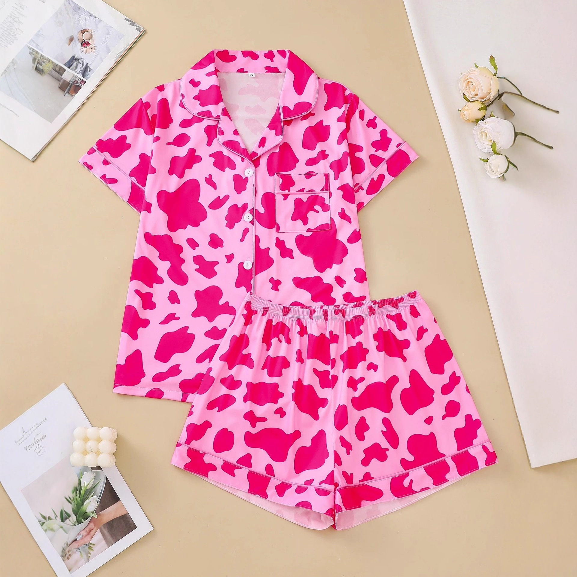 Women's Cuban Collar Polka Dot Short Sleeve Shirt Set Casual Loungewear