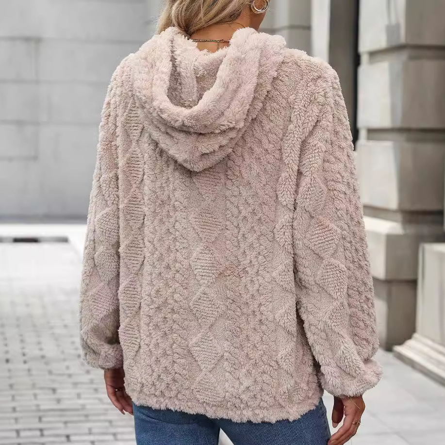 Shimmer Fleece Hoodie for Women – Plush Jacquard Pullover, Loose Fit, Long Sleeve