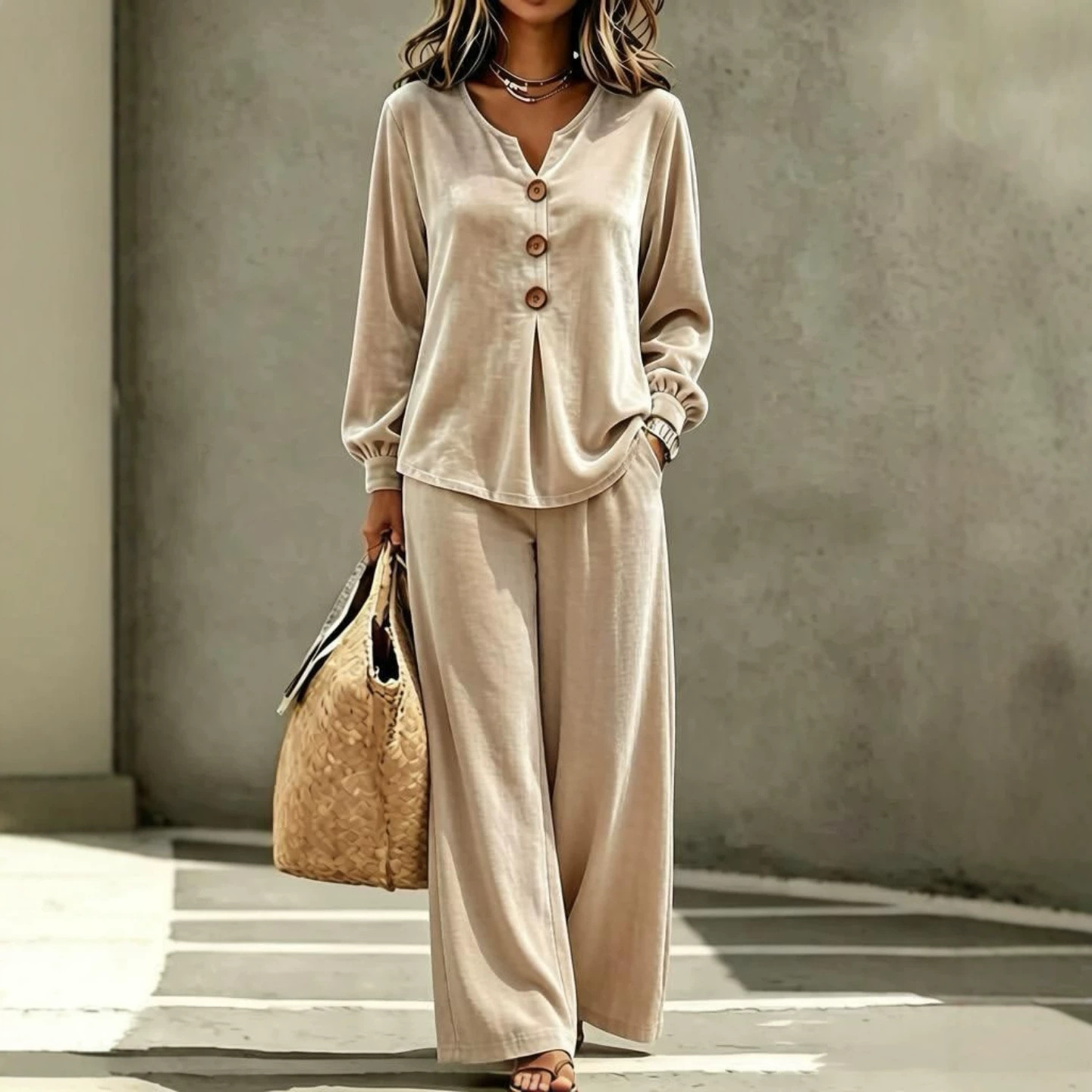 Women's Velvet Button V-Neck Long Sleeve Top and Pants Two-Piece Set