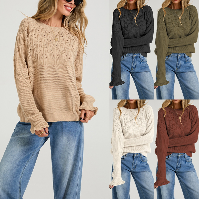 Women's Crewneck Knit Sweater Solid Color Long Sleeve Pullover