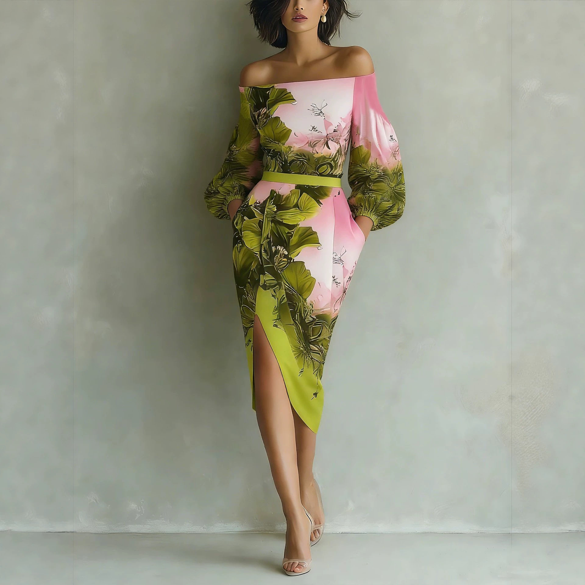 Off-Shoulder Floral Print Midi Dress with Puff Sleeves and Slit