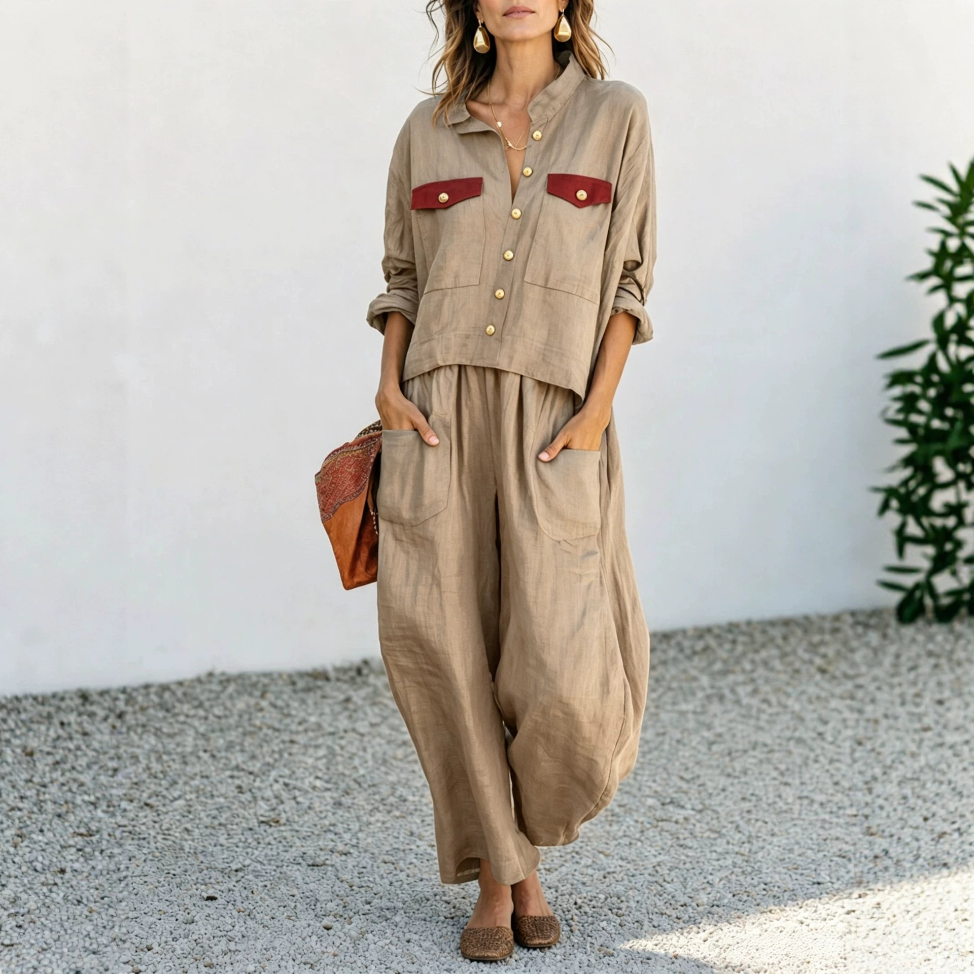 Women's Casual Loose Button Shirt and Wide-Leg Pants Two-Piece Set