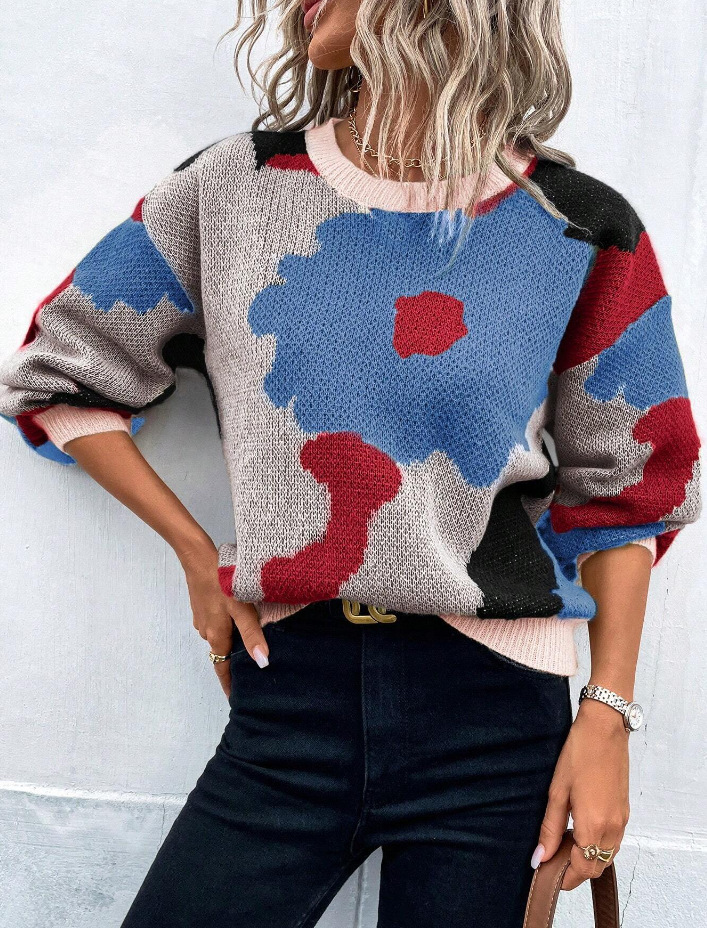 Women's Floral Jacquard Crewneck Long Sleeve Knit Sweater