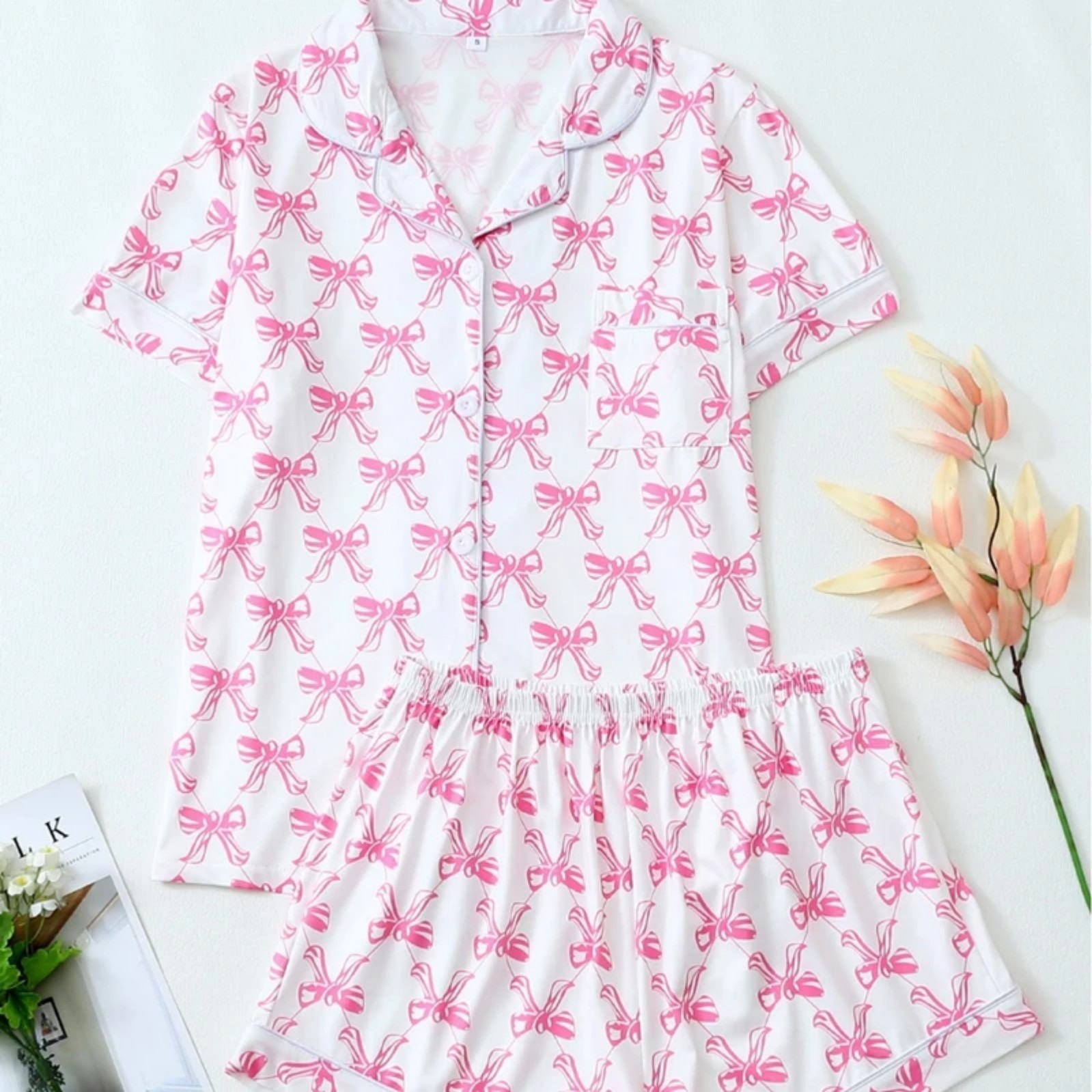 Women's Cuban Collar Bow Short Sleeve Shirt Set