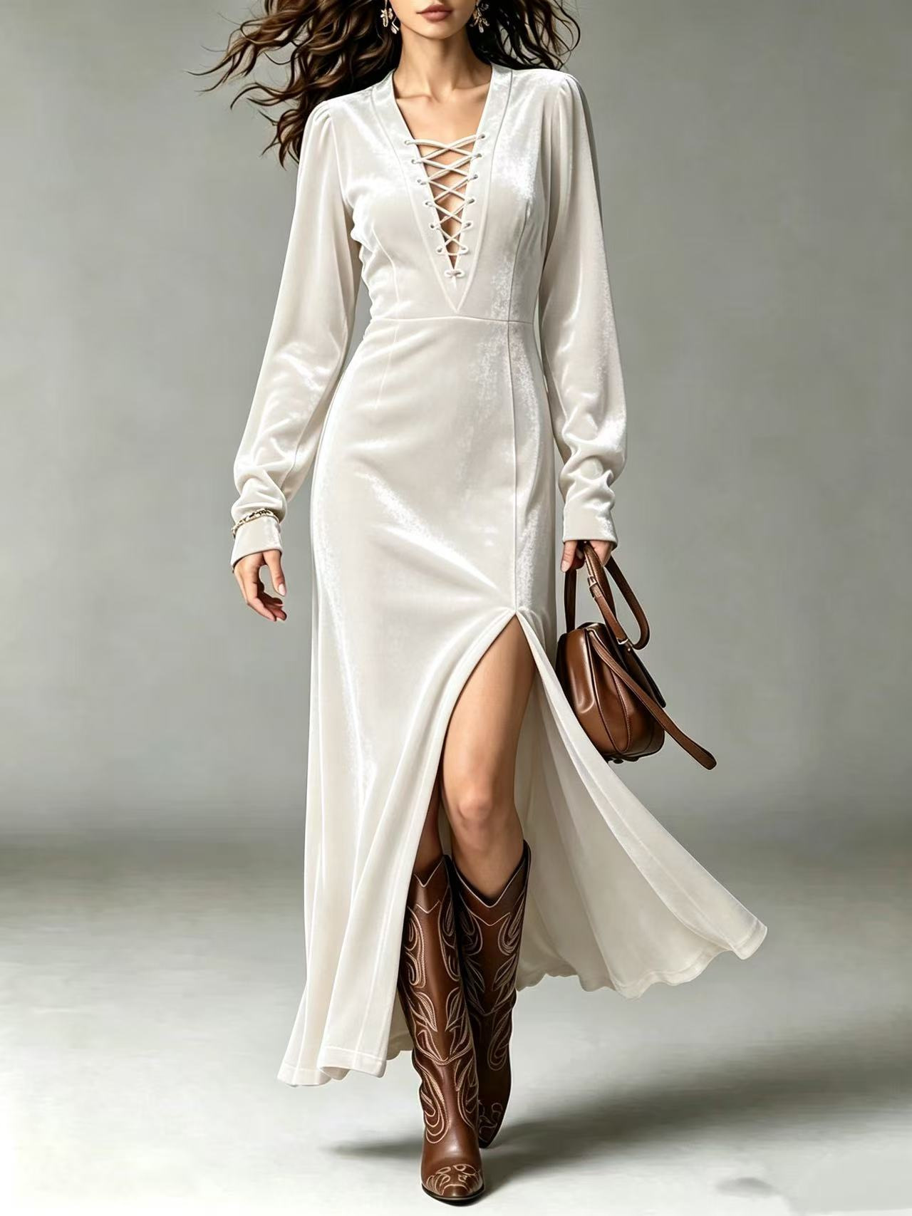 Solid Velvet Cross-Front Long Sleeve A-Line Dress