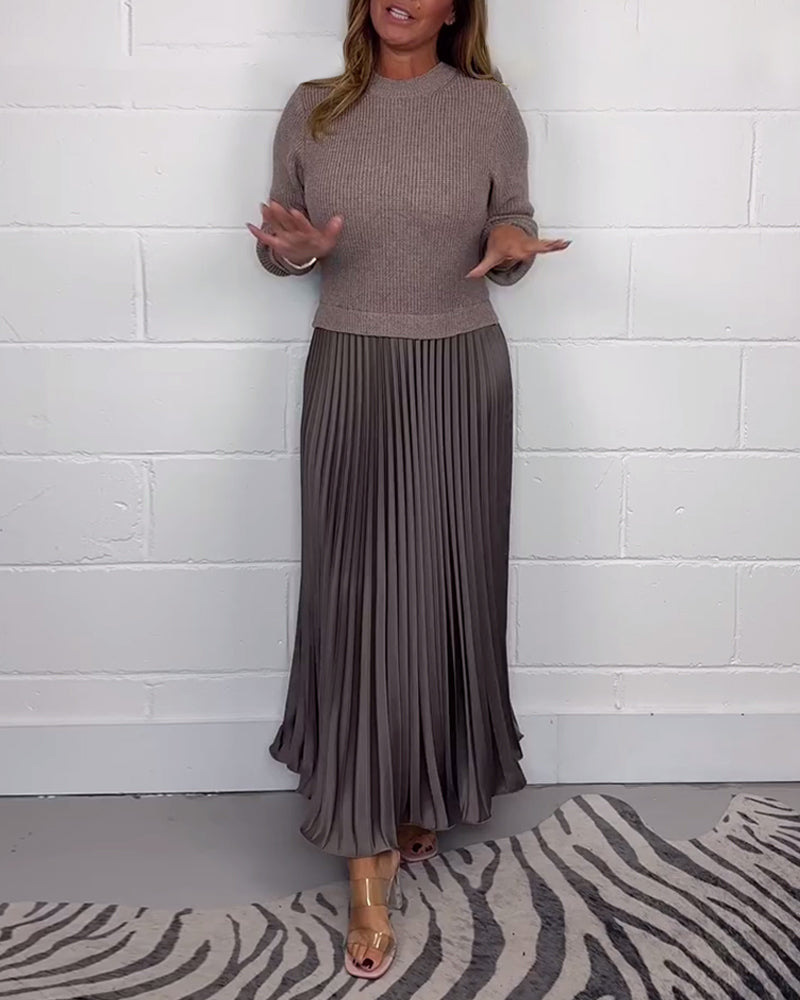 Women's Solid Color Knit Long Sleeve Pleated A-Line Dress