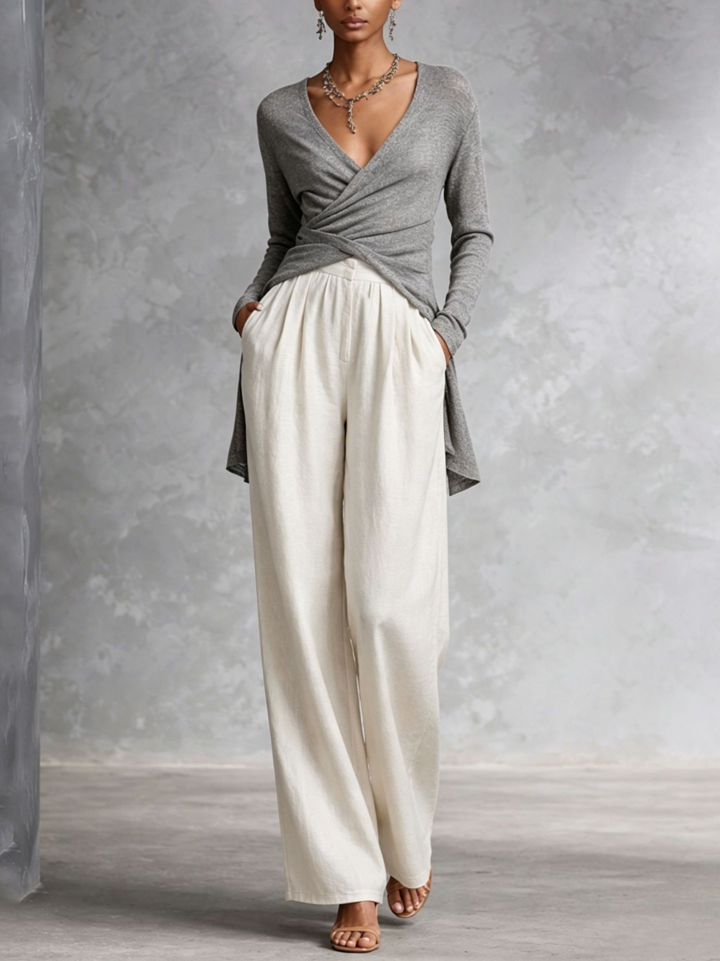Women's Long Sleeve V-Neck Cross Waist Top and Pants Set