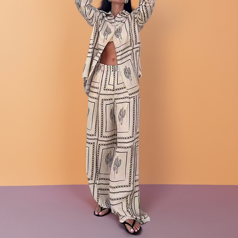 Women's Printed Shirt & Pants Set Casual Commuter Two-Piece Outfit