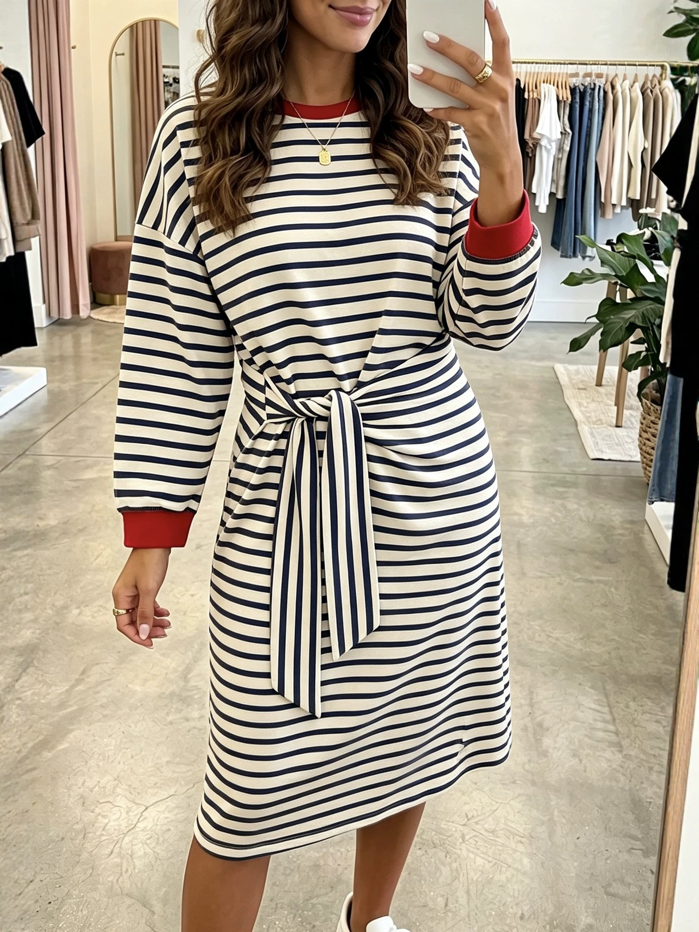 Striped Patchwork Long Sleeve Tie-Waist Loose Casual Dress