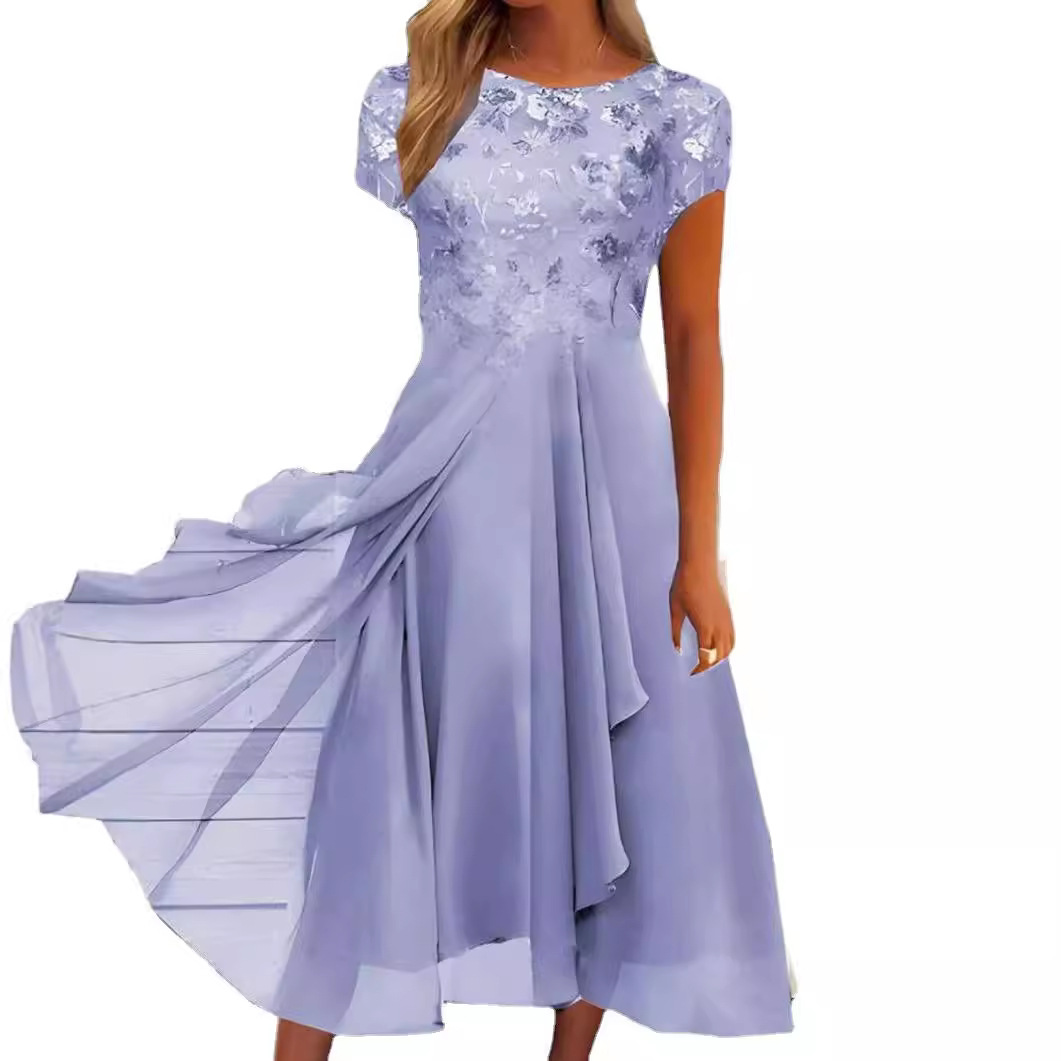 Chiffon Sequin Print Round Neck Maxi Dress